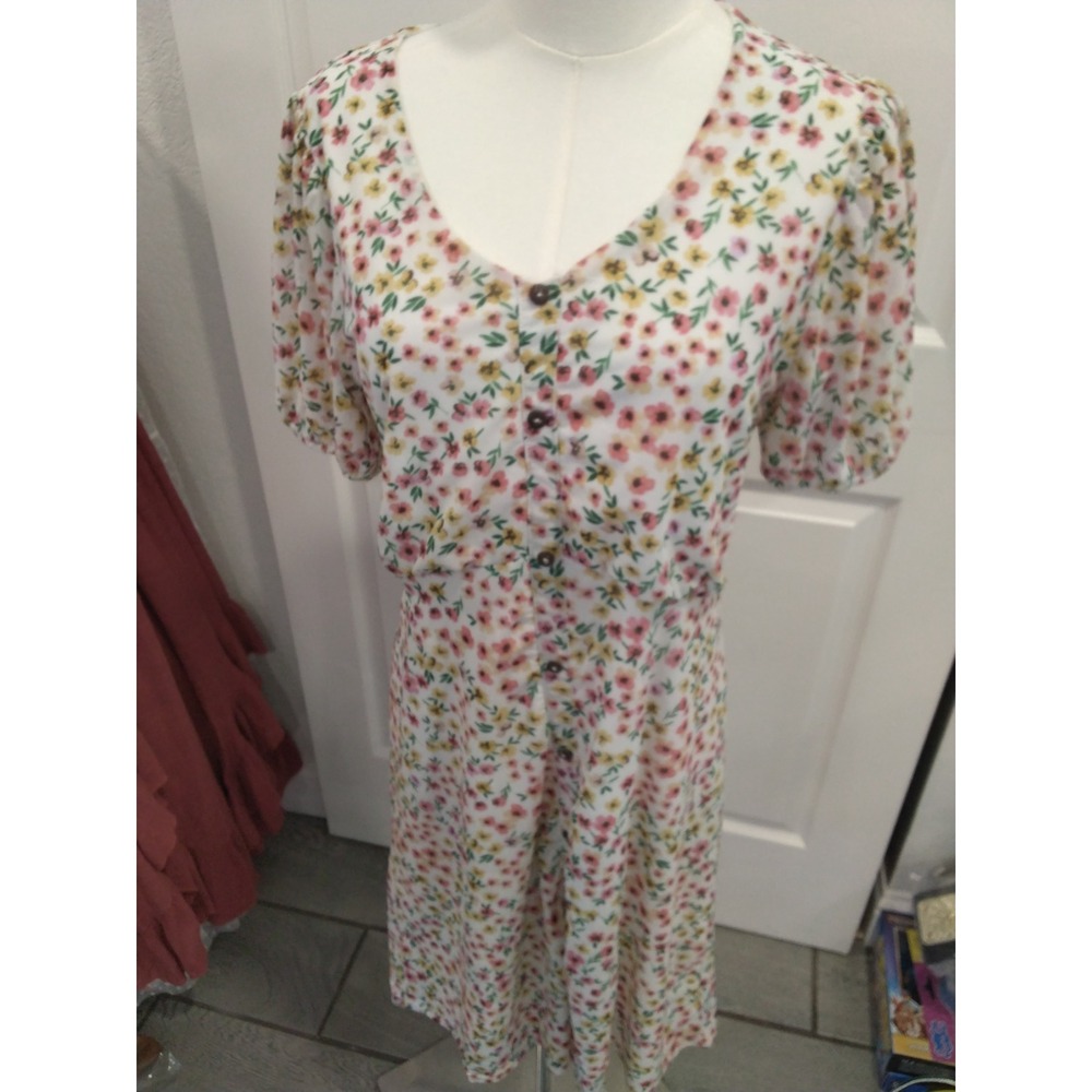 Sirenlily Floral Button Front Midi Dress Pink Yellow White V-Neckβ Size Medium